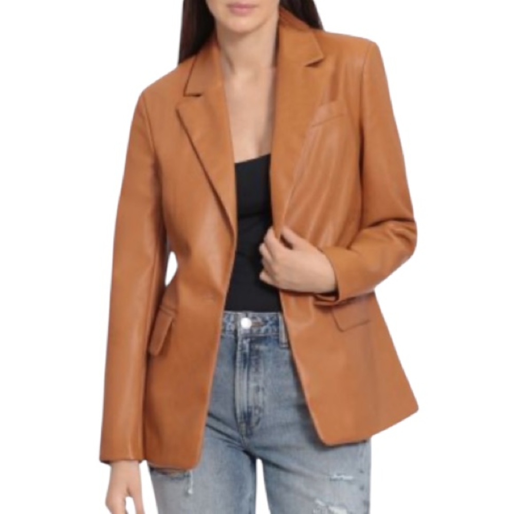 Sebby Collection brown vegan leather single button flap pocket jacket large